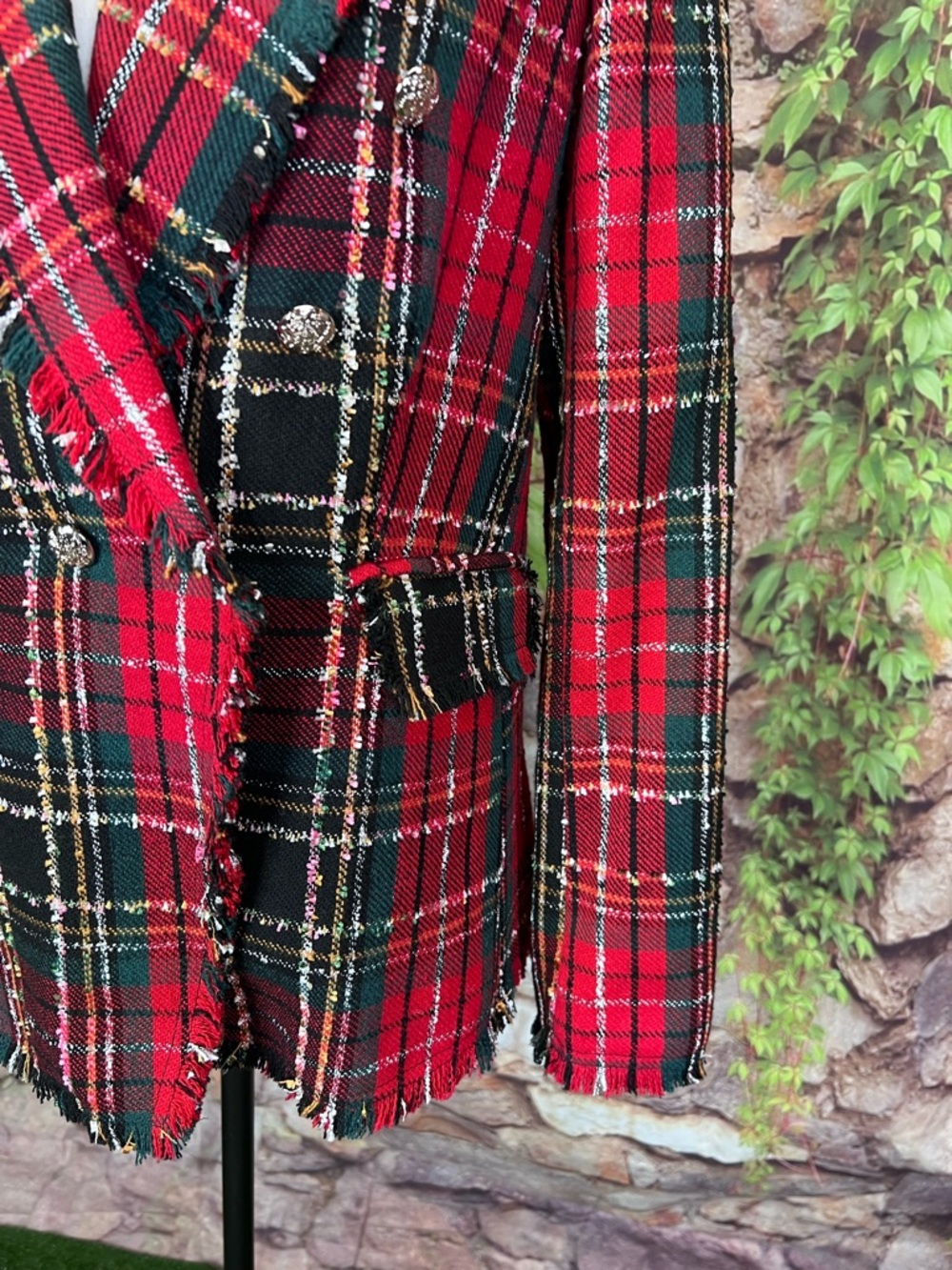 RACHEL ZOE Preppy Red Raw Hemmed Tartan Plaid Equestrian Blazer, M - Picture 5 of 16